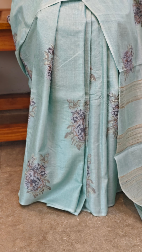 Powder blue moonga tussar saree with cross stitch embroidery