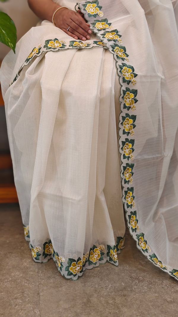 Milky white net kota saree with embroidery