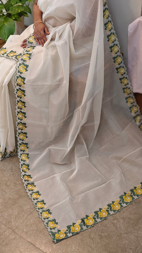 Milky white net kota saree with embroidery