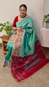 713HH - Teal and dark pink raw silk saree with ikat borders