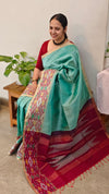 713HH - Teal and dark pink raw silk saree with ikat borders