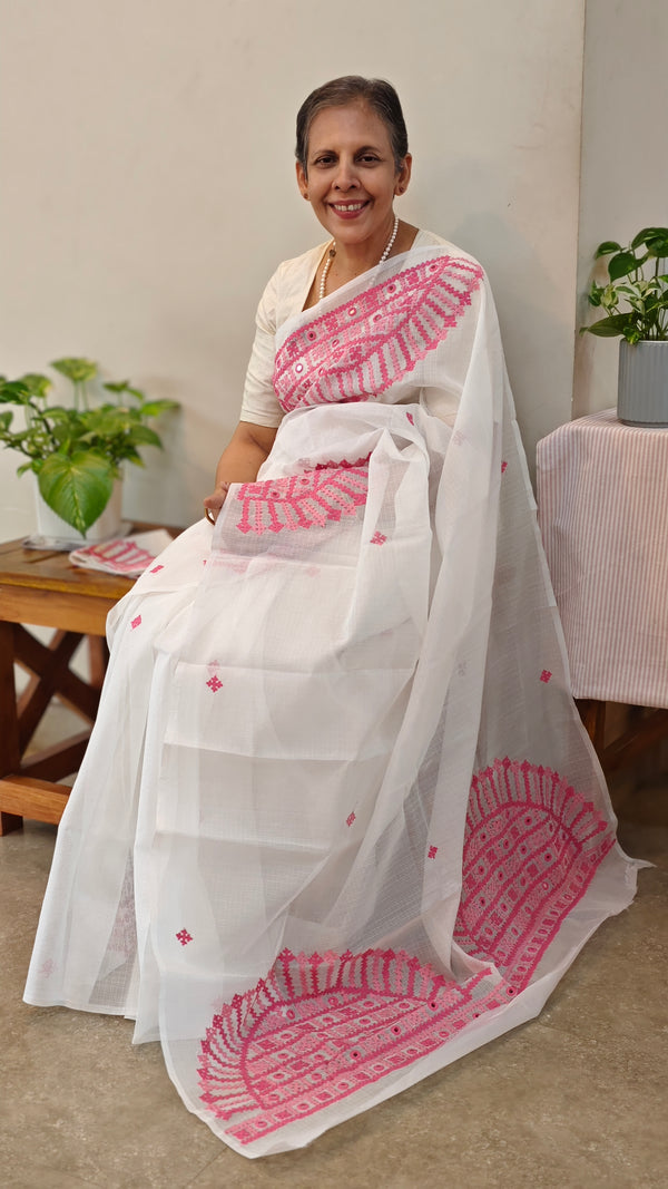 AS32 - White net kota saree with kutch work and mirror work