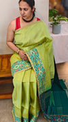 713HH - Light green and dark green raw silk saree with ikat borders