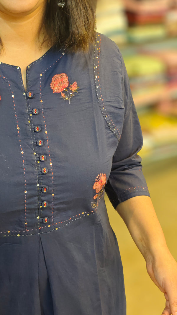 Blue embroidered cotton kurti set