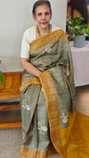 4009 - Olive green and golden mustard checked tussar silk saree