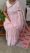 V220 - Peach printed kota saree with chikankari palla