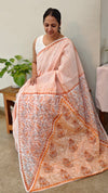 V220 - Orange printed net kota saree with chikankari palla