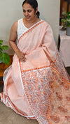 V220 - Orange printed net kota saree with chikankari palla