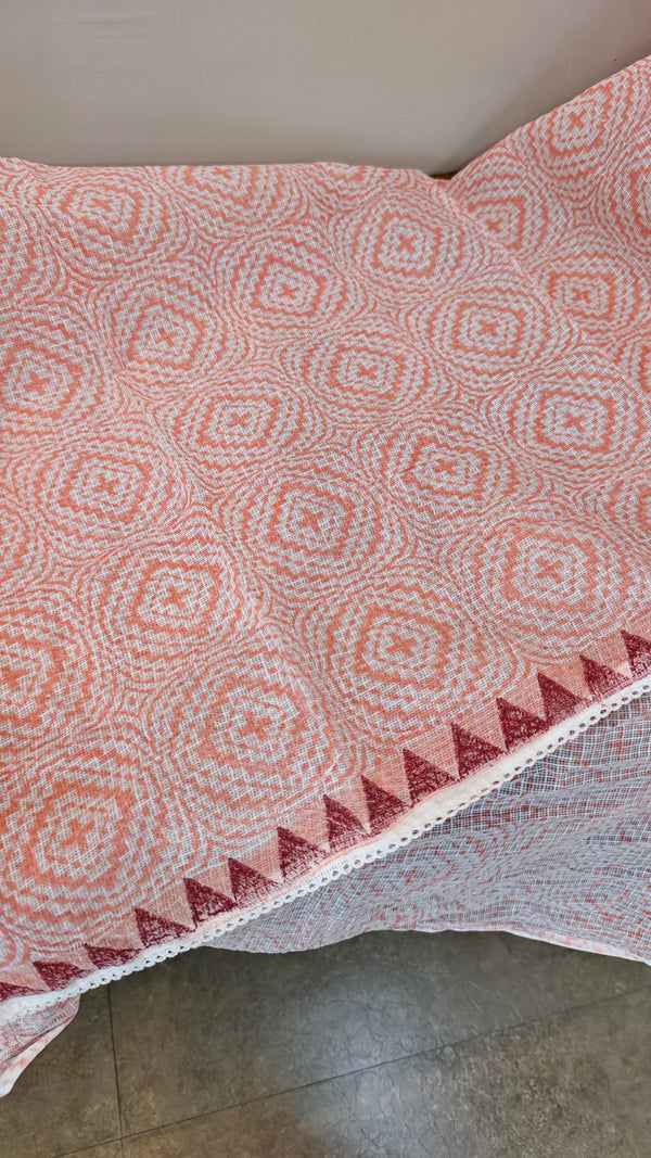 V220 - Peach printed kota saree with chikankari palla