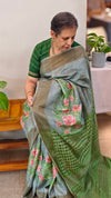 Bluish grey tussar floral printed tussar silk saree with cutwork pallu