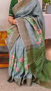 Bluish grey tussar floral printed tussar silk saree with cutwork pallu