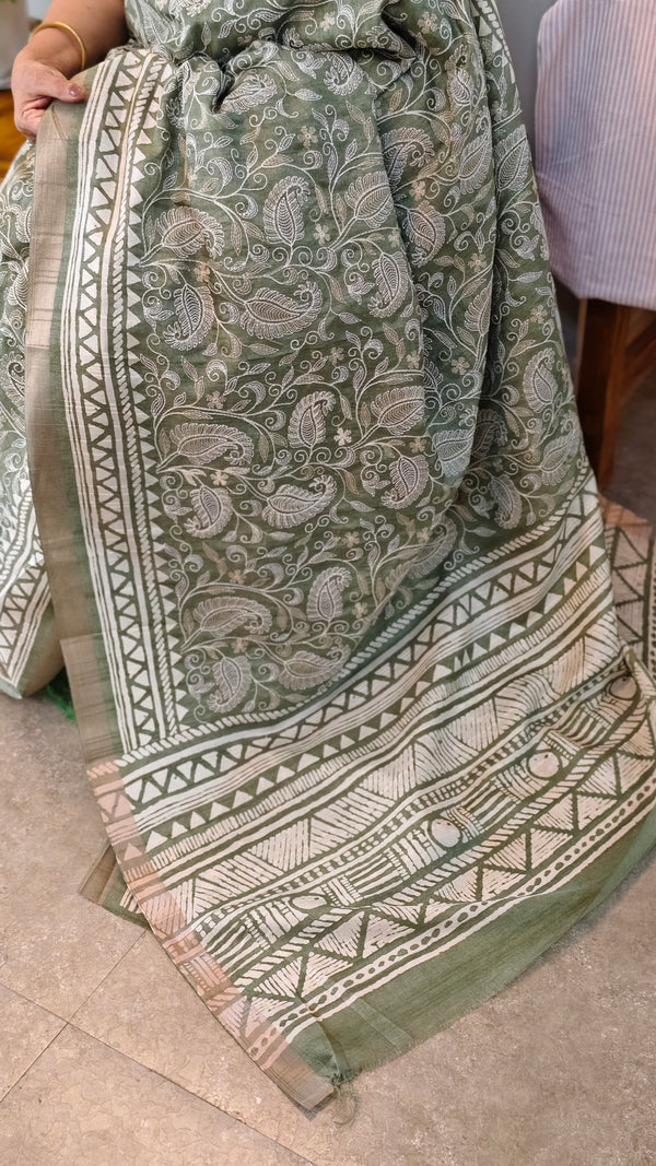 Olive green blended jute saree