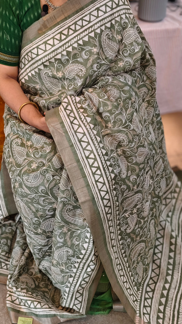 Olive green blended jute saree