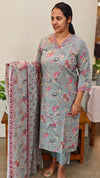 Printed grey cotton kurti set