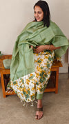 Floral printed tussar silk suit - Mustard and sage green