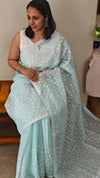 Baby blue embroidered net kota saree
