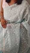 Baby blue embroidered net kota saree