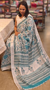 Off white and teal printed linen cotton saree
