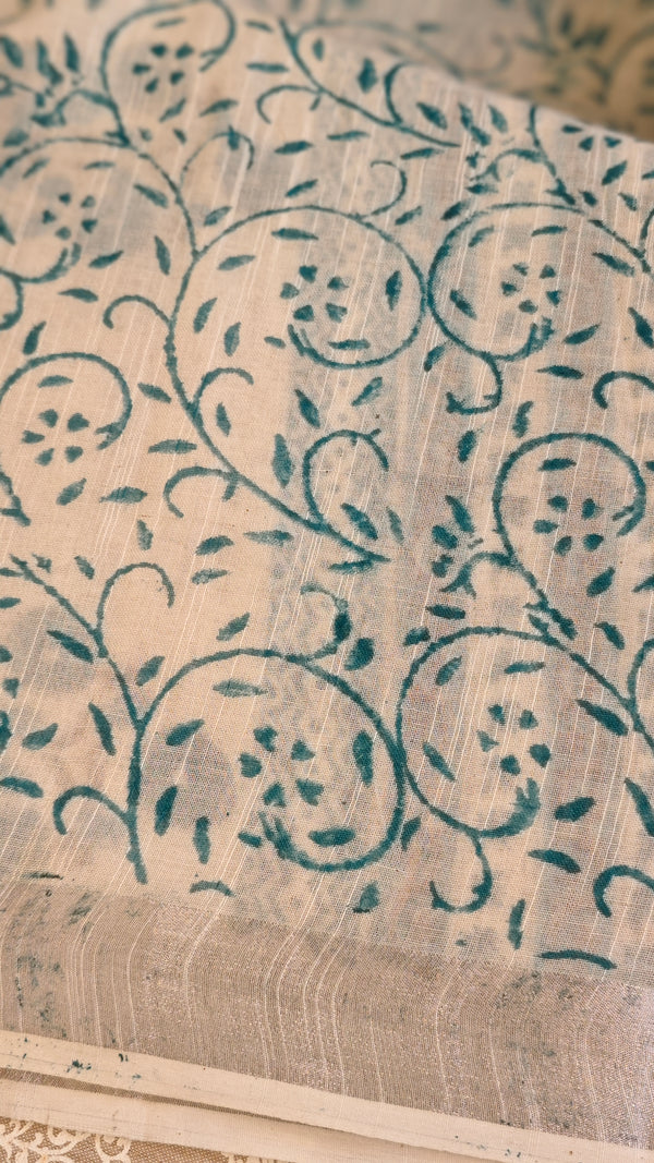 Off white and teal printed linen cotton saree