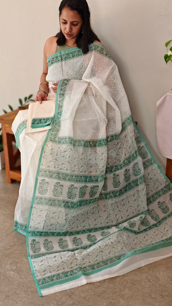 White Block printed NetKota saree
