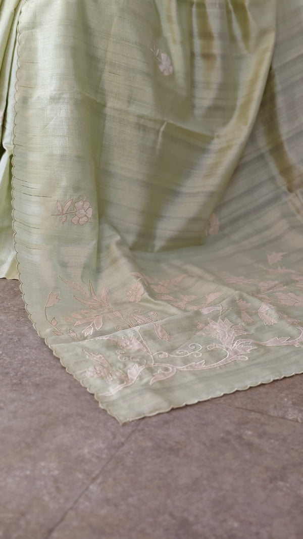 Pista Green Semi Silk Applique Saree