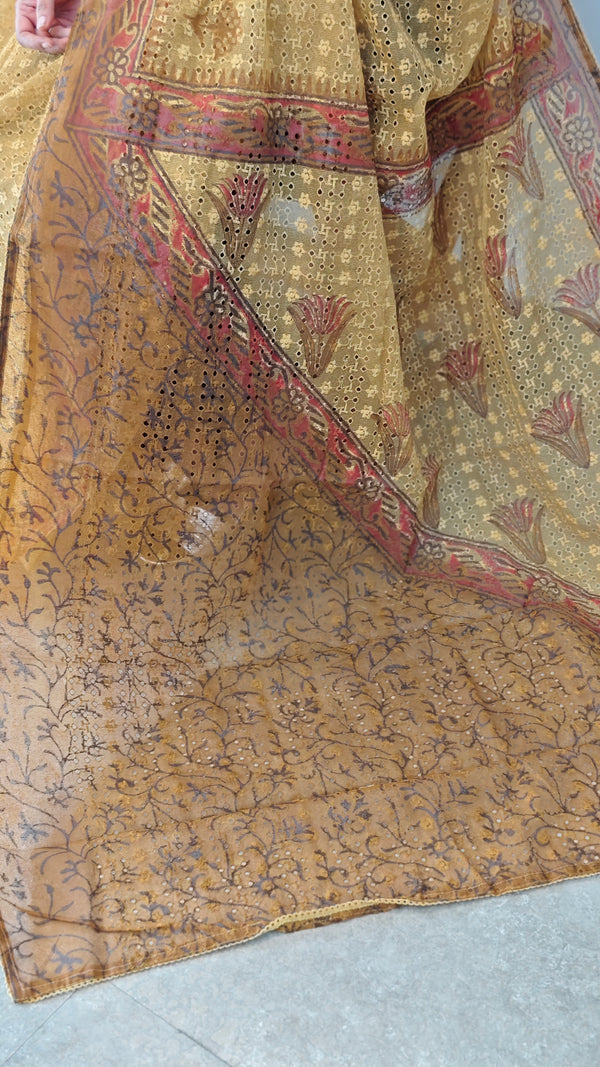 Hakoba kota brown and mustard saree