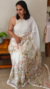 Milky white linen chanderi cutwork saree