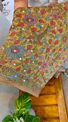 Kalamkari printed linen cutwork saree