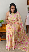 Yellow linen chanderi saree with cutwork