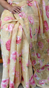 Yellow linen chanderi saree with cutwork