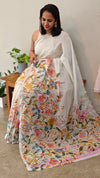 White floral printed linen chanderi cutwork saree