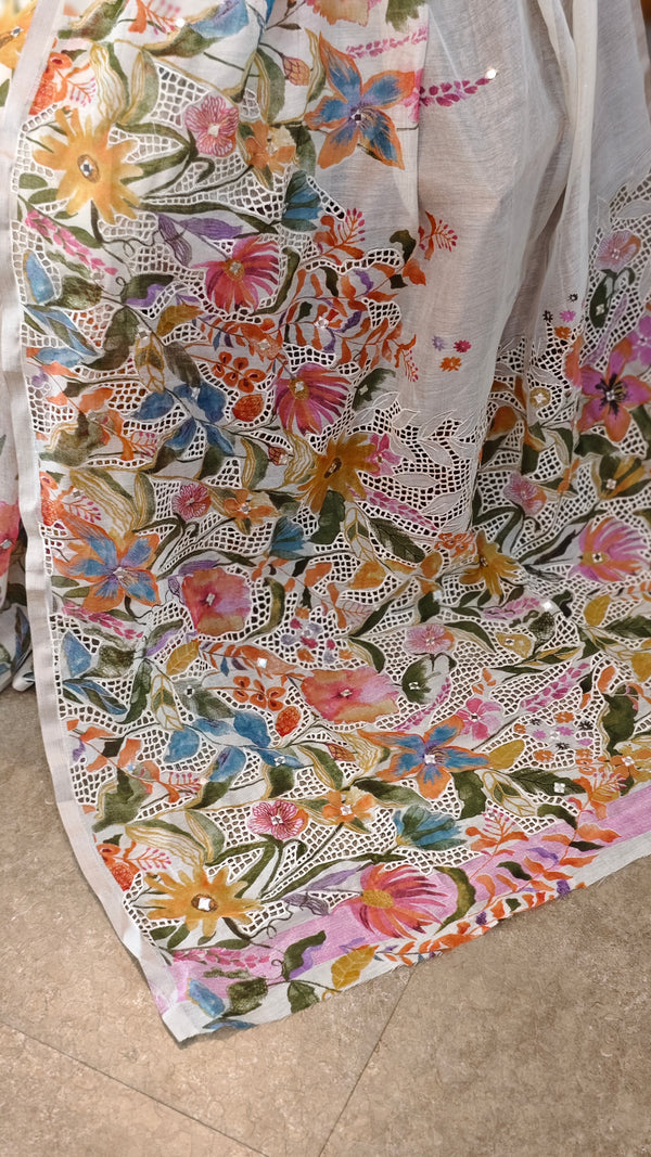 White floral printed linen chanderi cutwork saree