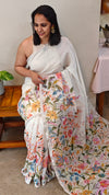 White floral printed linen chanderi cutwork saree