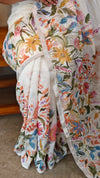 White floral printed linen chanderi cutwork saree