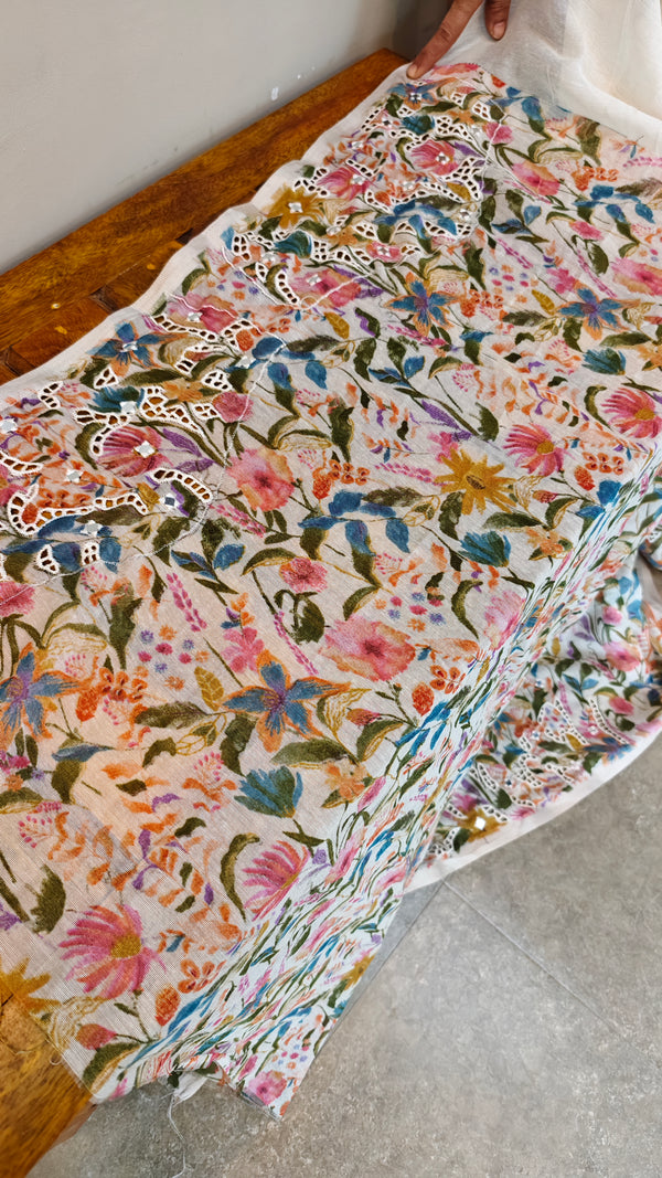 White floral printed linen chanderi cutwork saree