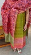 Green and peach shade printed tussar suit