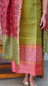 Green and peach shade printed tussar suit