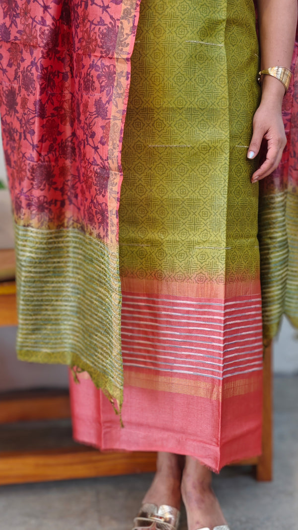 Green and peach shade printed tussar suit
