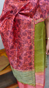 Green and peach shade printed tussar suit