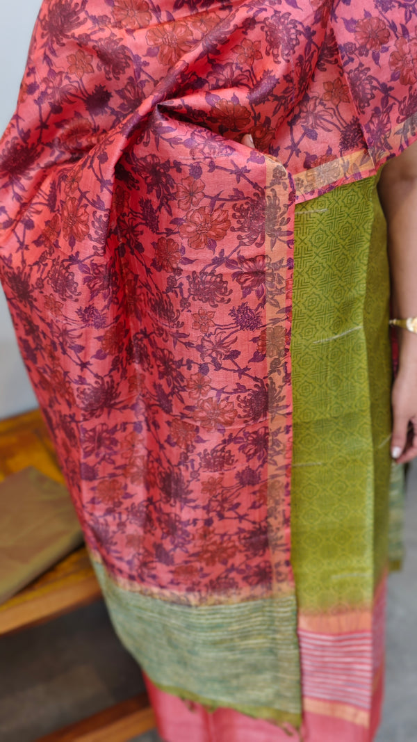 Green and peach shade printed tussar suit