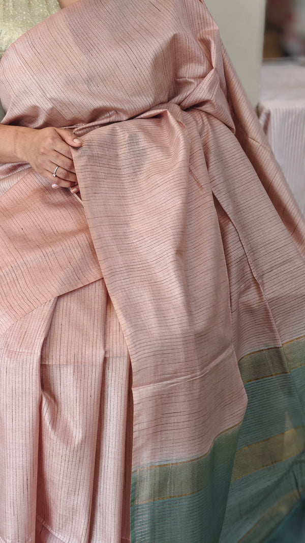 Nude pink and teal bhagalpuri silk saree