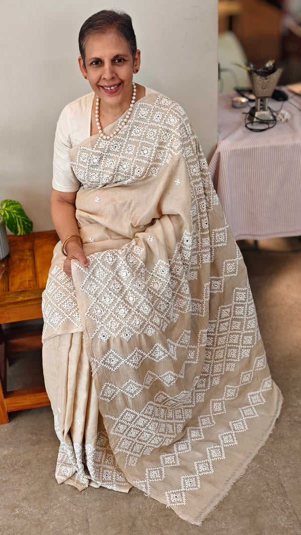 1077 - Beige desi tussar kutch work saree