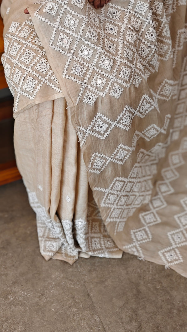 1077 - Beige desi tussar kutch work saree