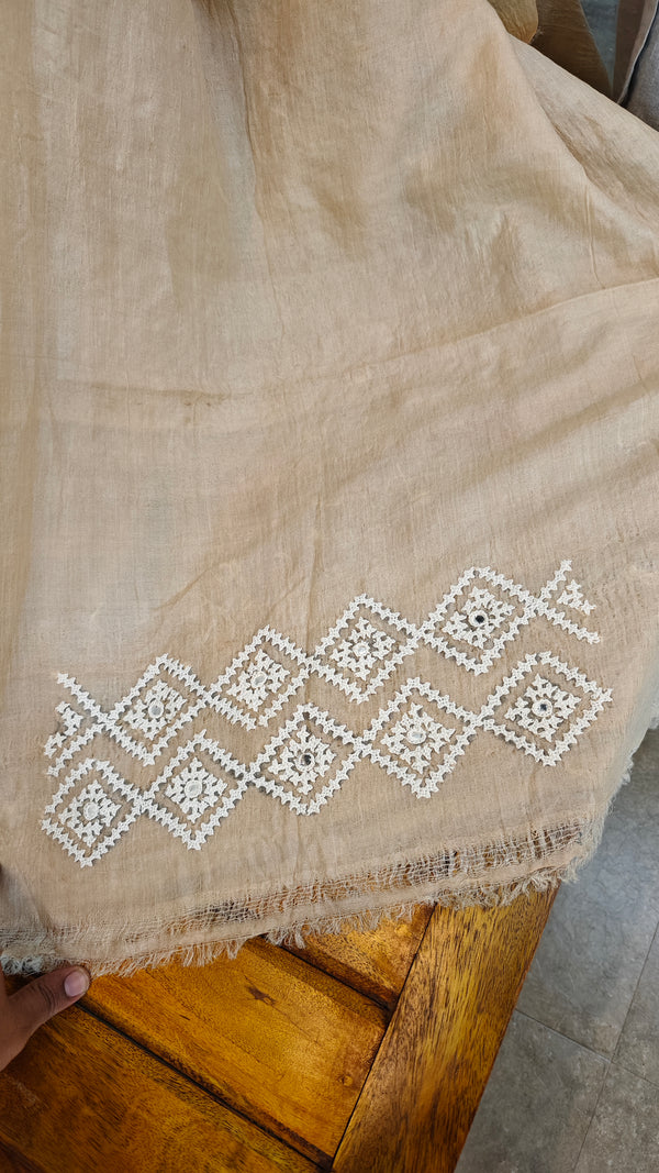 1077 - Beige desi tussar kutch work saree