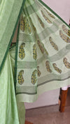 Light green block printed net kota saree