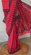 Dark red block printed net kota saree