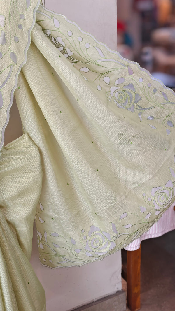 Pastel green silky kota applique saree