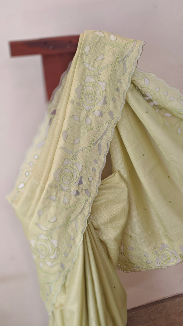 Pastel green silky kota applique saree