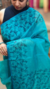 Bluish green block printed net kota saree
