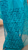 Bluish green block printed net kota saree